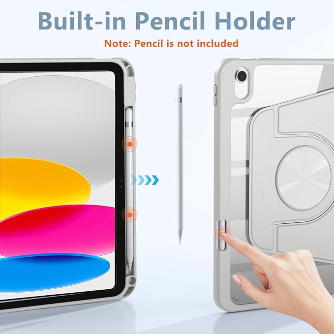 Wenlaty for iPad A16 Case 11th Generation 11 Inch 2025 for iPad 10th Generation Case 10.9 Inch 2022 with Pencil Holder 360° Rotating Protective Stand Cover Detachable Magnetic Clear Back Gray