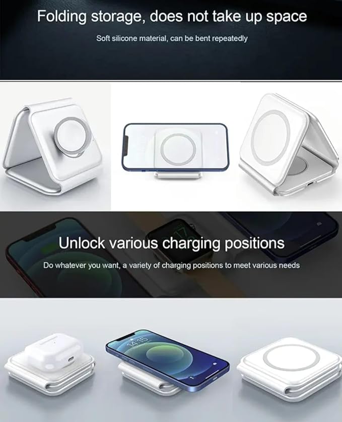 D-Choice 3-in-1 Magnetic Wireless Charger – Compatible with Smartphones Watches and Bluetooth Headphones – 15W Fast Charging Compact Design (White)