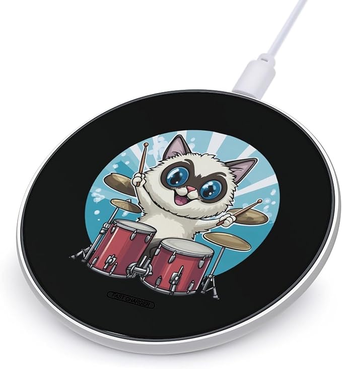 Cat Drummer Playing Drums Wireless Charger Anti-Slip Wireless Charging Pad Slim Charger Mat for Men Women