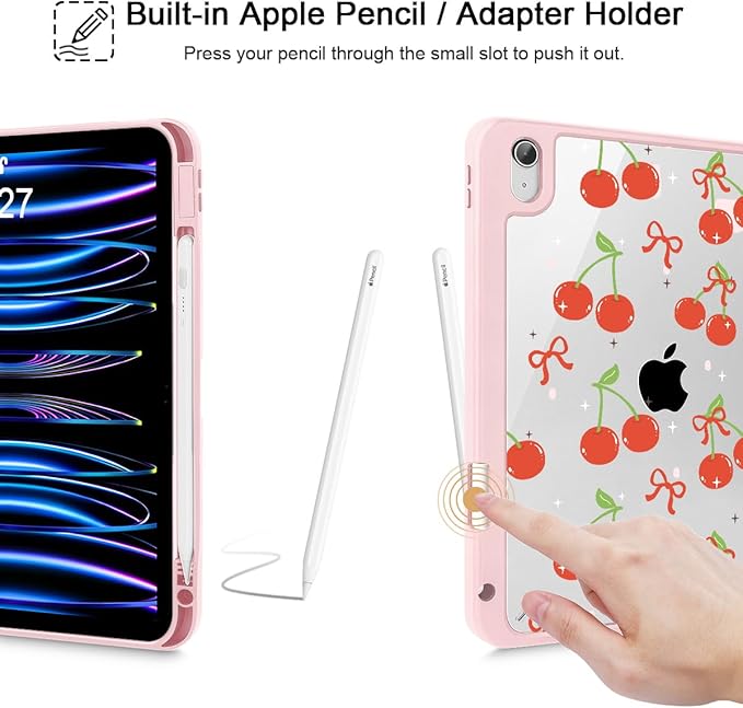Case for iPad Air 11'' (M4 2026/M3 2025/M2 2024)/ iPad Air 10.9'' Air 5th /4th Gen Shockproof Cover with Clear Back Shell &amp Penceil Holder Auto Wake/Sleep Stand Cover Cherries and Bow