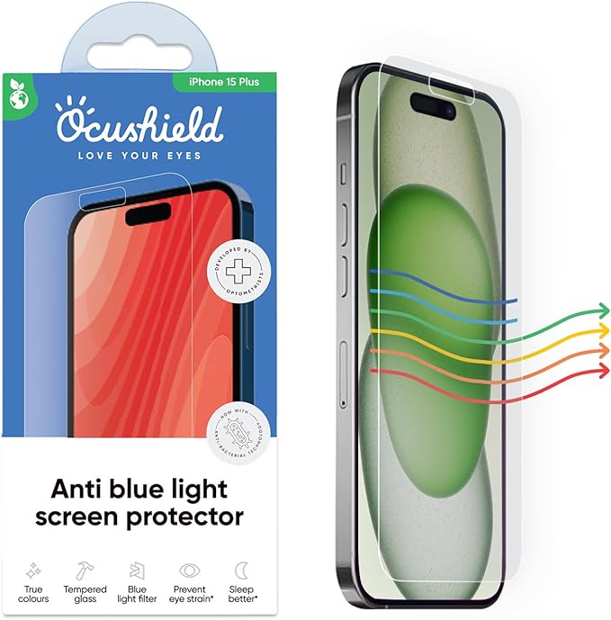 Ocushield Anti Blue Light Tempered Glass Screen Protector for iPhone 15 Plus (6.7) - Protect Your Eyes Reduce Migraines &amp Improve Sleep