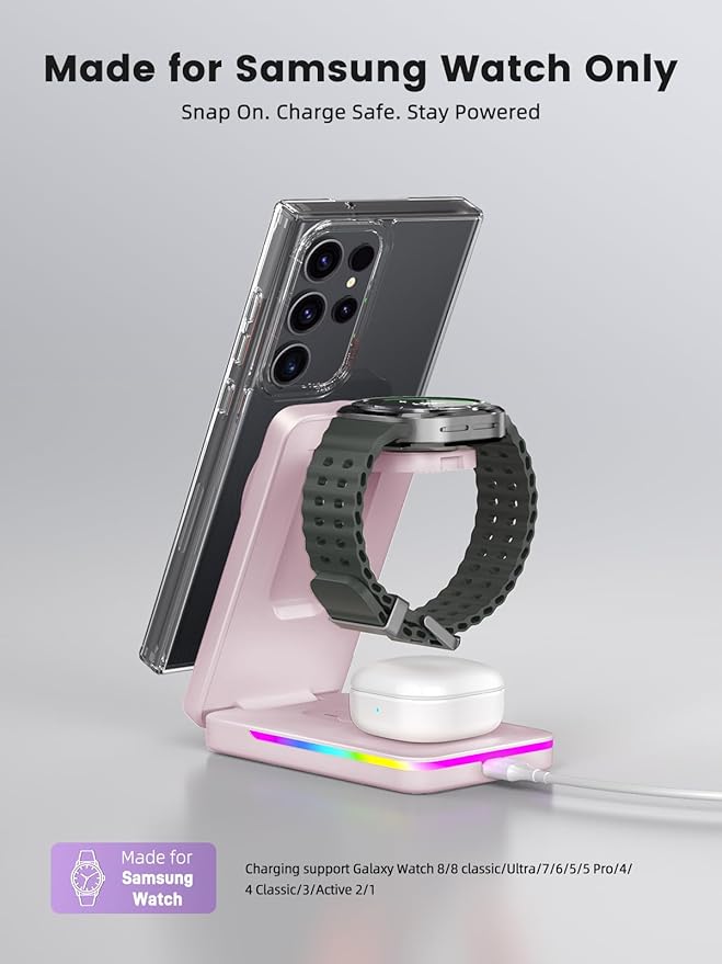 Wireless Charger for Samsung 3 in 1 Charging Station for Samsung - Magnetic Android Charging Station for Galaxy S26 Ultra/Z Fold/Flip &amp Buds4 Pro - Nightstand Organizer &amp Bedside Charger for
