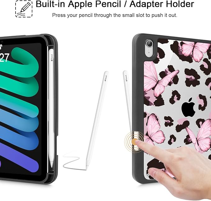 Mektron Printed Case for iPad mini 7 (A17 Pro) 2024/ Mini 6 2021 iPad mini 7th/6th Generation 8.3-inch Liquid Retina Display Cover Buit in Pencil Holder with Clear Back Shell Leopard Pink Butterfly