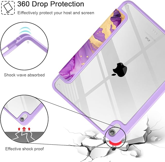 May Chen for iPad (A16) 11th Generation Case 11 Inch 2025 iPad 10th Gen Case 2022 10.9 inch Built-in Pencil Holder with Shockproof Cover Clear Transparent Back Shell Auto Wake/Sleep Purple Roses