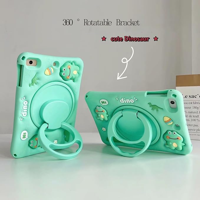 3D Cute Press Dinosaur Case for iPad 10th Gen (2022) 10.9 inch/iPad (A16) 11th 2025 11 inchCartoon Character Dinosaur Soft Silicone Rotating Stand Case with Lanyard for Kids Teens Girls Women