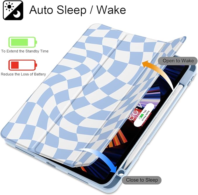 Mektron Case for iPad Pro 11 inch Case M2 2022 Generation 4th Fit 2021 2020 2018 iPad Pro 11 (3rd 2nd &amp 1st Gen) -Buit in Pencil Holder with Shockproof Cover Clear Shell Wave Striped-Blue