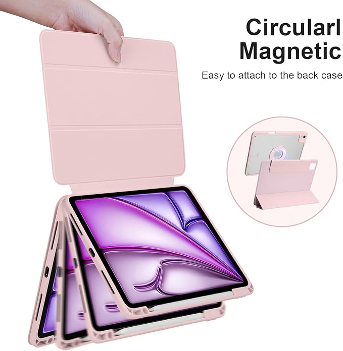 Case for iPad Air 11 Inch M4/M3/M2 2026/2025/2024 iPad Air 10.9 5th/4th Gen. 2022/2020 iPad Pro 11 4th/3rd/2nd 2022/2021/2020 with Pencil Holder Vertical Stand Detachable Magnetic Pink