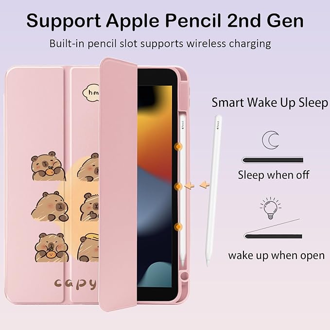 Cute Kawaii Capybara for iPad Pro 13 Inch Case (M5/M4) 2025/2024 with Pencil Holder Auto Sleep/Wake Pink Leather Clear Acrylic Back Cover