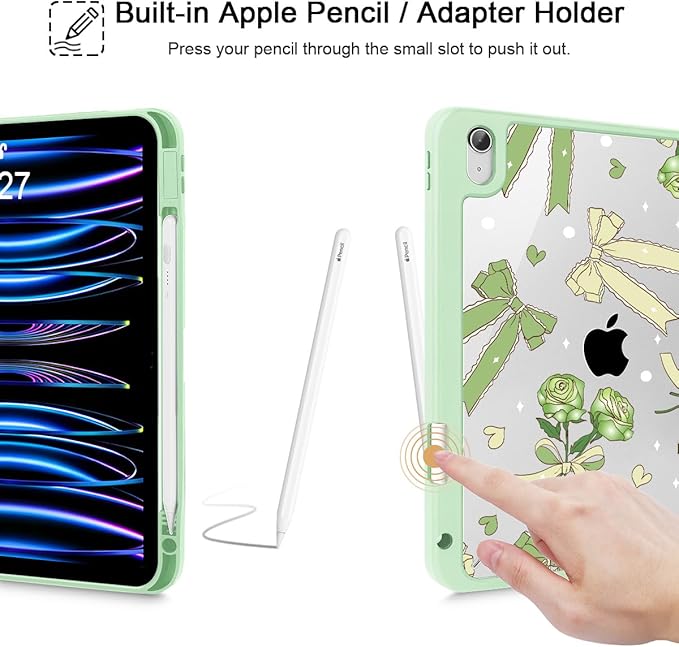 Tuiklol Case for iPad 11 inch (A16 Chip) 2025 Gen 11th / iPad 10.9 inch 2022 10th Gen Buit in Pencil Holder with Shockproof Cover Clear Transparent Back Shell Auto Wake/SleepBow &amp Rose Green