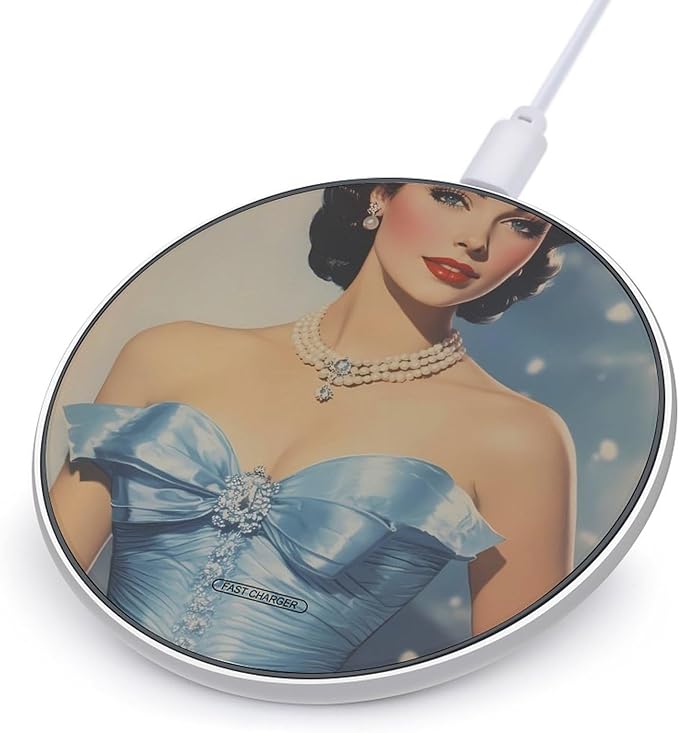 Vintage Women Magazine Blue Dress Phone Charger Magnetic Charging Pad Anti-Slip with USB Cable