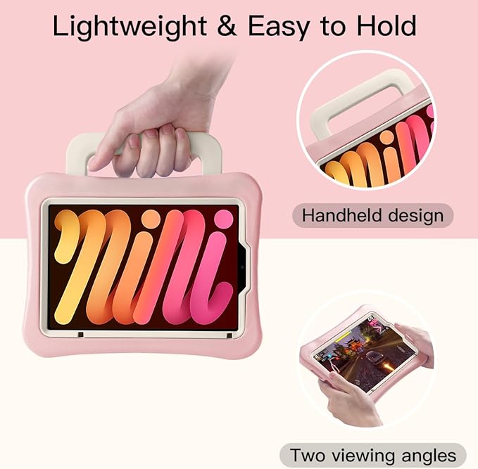 Kids Case for iPad mini 7 (A17 Pro) 2024 /iPad Mini6 2021 Light Weight Heavy Duty/Shockproof/Drop Proof with Handle/Kickstand Child Friendly Cover for iPad mini 7th/6th Gen 8.3inch (Pink)