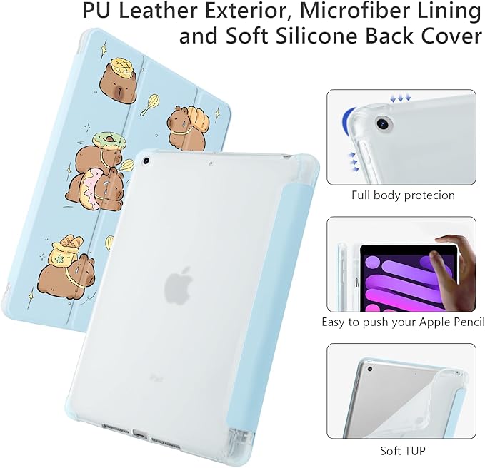 Cute Kawaii Capybara for iPad Pro 11 Inch Case (M5/M4) 2025/2024 with Pencil Holder Auto Sleep/Wake Blue Leather Soft TPU Back Cover