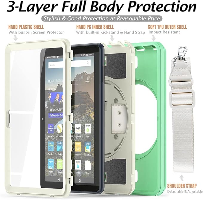 New Kindle Fire HD 8/8 Plus Tablet Case with 360 Degree Swivel Stand Carrying Strap Children's Ebook Cover