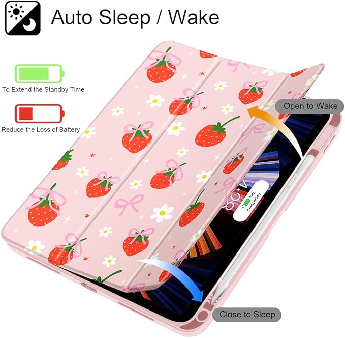 May Chen for iPad (A16) 11th Generation Case 11 Inch 2025 iPad 10th Gen Case 2022 10.9 inch Built-in Pencil Holder with Shockproof Cover Clear Back Shell Auto Wake/Sleep Strawberries &amp Bows
