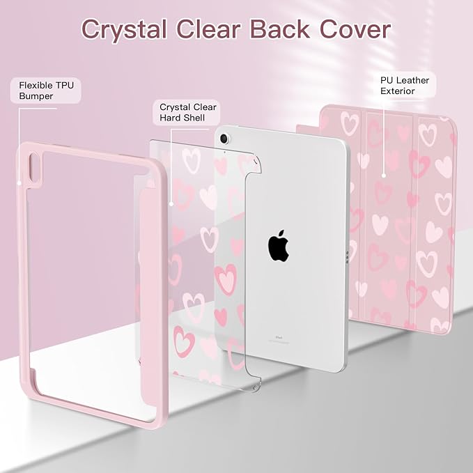 Teryeefi Clear Case for iPad (A16) 11th Generation 11 Inch 2025 Release for iPad 10th Generation 10.9 Inch 2022 Protective Shell with Pencil Holder Soft TPU+Crystal Hard Back Cover-Cute Heart