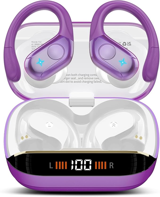 Wireless Earbuds Bluetooth 5.4 Headphones 75H Stereo Deep Bass Sports Over Ear Buds with Earhooks LED Display Bluetooth Earbuds with 4 ENC Mic IP7 Waterproof Earphone for RunningDark Purple