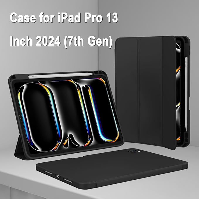 ZryXal New iPad Pro 13 Inch Case (M5) 2025 / (M4) 2024 with Pencil Holder Smart iPad Case [Support Pencil Pro and Pencil (USB-C)] Support Touch ID and Auto Wake/Sleep (Black)