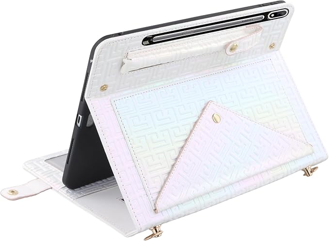 Shiny Case for Samsung Galaxy Tab S7/S8/S9/S9 FE/S10 FE 10.9 11 Handbag Techcircle Crossbody Iridescent Folio Stand Wallet Case with Pen Holder+Card Slots+Hand Strap+Shoulder Strap Shiny White