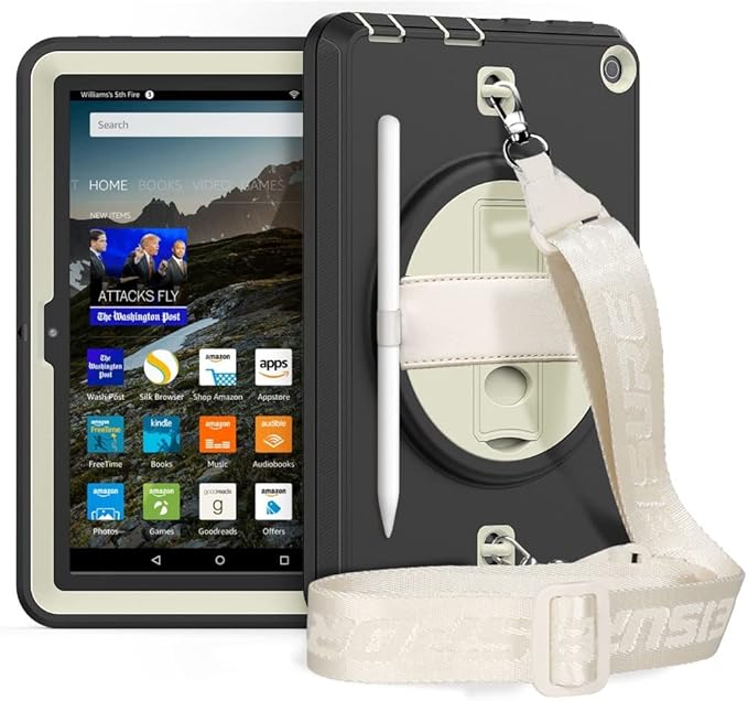 New Kindle Fire HD 8/8 Plus Tablet Case with 360 Degree Swivel Stand Carrying Strap Children's Ebook Cover Black