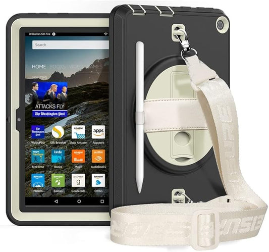 New Kindle Fire HD 8/8 Plus Tablet Case with 360 Degree Swivel Stand Carrying Strap Children's Ebook Cover Black