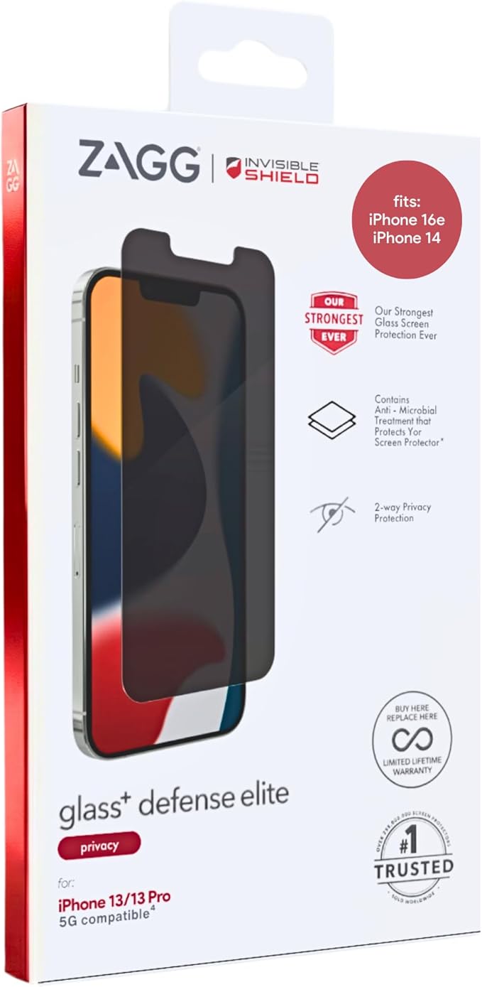 ZAGG Glass+ Defense Elite Screen Protector Privacy for iPhone 17e/16e iPhone 14/13/13 Pro - 5X Stronger 2-Way Privacy Filter Scratch &amp Smudge-Resistant Easy Install