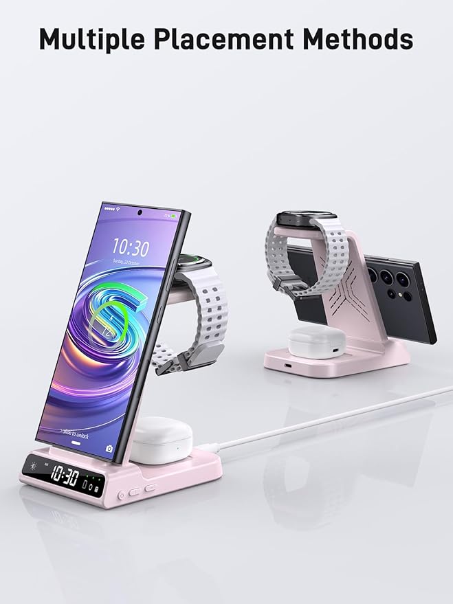 Wireless Charger Samsung Charging Station: 3 in 1 Android Charging Stand with Dimmable Clock - Nightstand Organizer for Galaxy S25 Ultra S24 Galaxy Watch 8 7 6 5 4 Galaxy Buds Space-Saving Charger