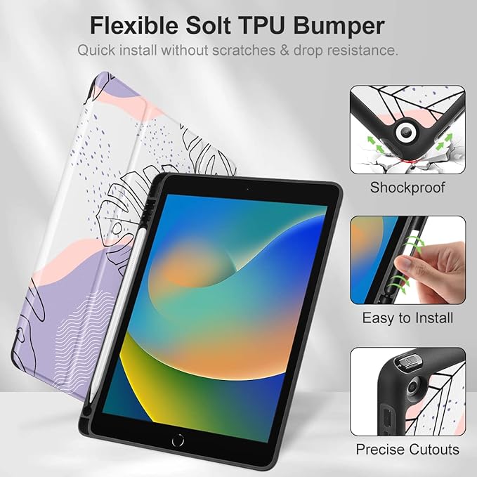 Mektron Designed Printed iPad 10.2 Case 9th Gen (2021)/ 8th Gen (2020)/ 7th Gen (2019) with Pencil Holder Slim Stand Protective Case with Soft TPU Back for iPad 10.2 Inch Tropical Leaves