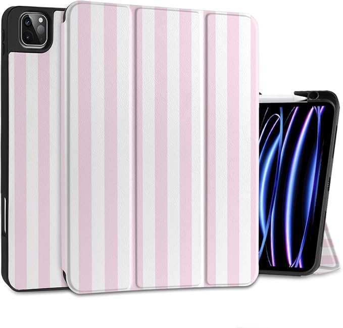 DONGKE Case for iPad Pro 12.9 inch 6th Generation 2022 Built-in Pencil Holder + Trifold Stand + Auto Wake/Sleep + Protective Cover for iPad Pro 12.9 5th/4th/3rd Gen- Pink Stripes