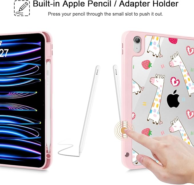 Case for iPad Air 11'' (M4 2026/M3 2025/M2 2024)/ iPad Air 10.9'' Air 5th /4th Gen Shockproof Cover with Clear Back Shell &amp Penceil Holder Auto Wake/Sleep Stand Cover Giraffe-Strawberry-Pink
