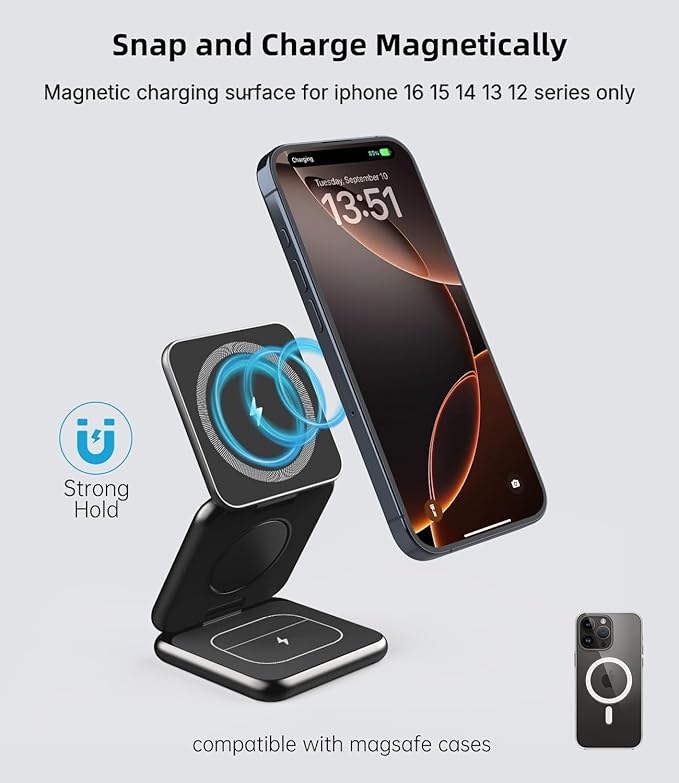 Foldable Magnetic Wireless Charger KU XIU X40 Aluminum Alloy 3 in 1 Charging Station for Apple Fast Charging Travel Charger for iPhone 17 16 15 14 13 12 5W for Apple Watch &amp AirPods Black