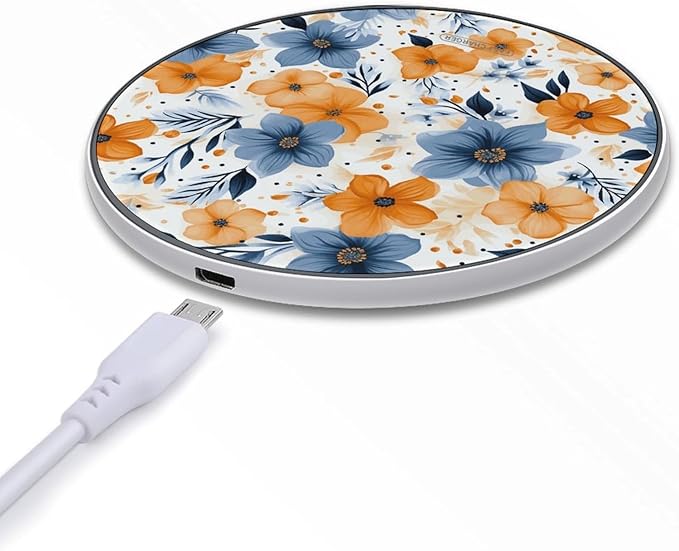 Blue and Orange Flowers on White Background Wireless Charger Fast Wireless Charging Pad with USB Cable 10W Anti-Slip Magnetic Wireless Charger Portable Slim Charger Puck Travel Charging Station
