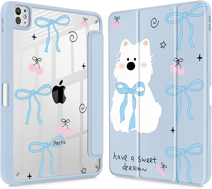 May Chen Case for iPad Pro 11-Inch M5/M4 2025/2024 (6th/5th Generation) Clear Transparent Print Back Shell Slim Stand Shockproof Tablet Cover Auto Wake/Sleep Blue Bows Dog