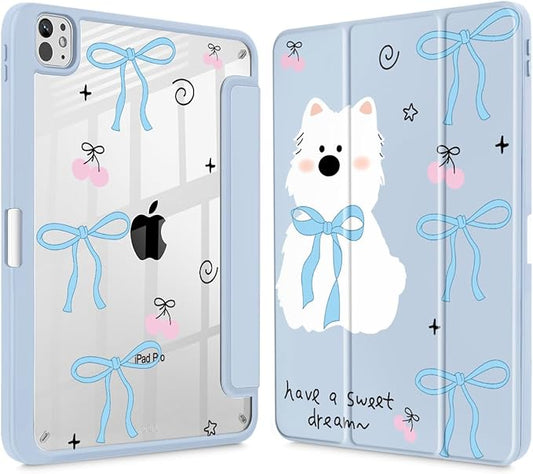 May Chen Case for iPad Pro 11-Inch M5/M4 2025/2024 (6th/5th Generation) Clear Transparent Print Back Shell Slim Stand Shockproof Tablet Cover Auto Wake/Sleep Blue Bows Dog