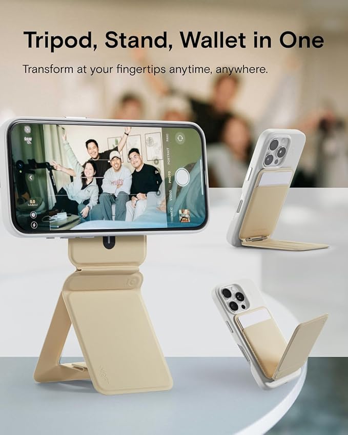 MOFT Phone Tripod Wallet 3 in 1 Phone Stand Magnetic Wallet NFC-Supported Magnetic Phone Stand MOVAS Vegan Leather Adjustable Card Holder Earthen Beige