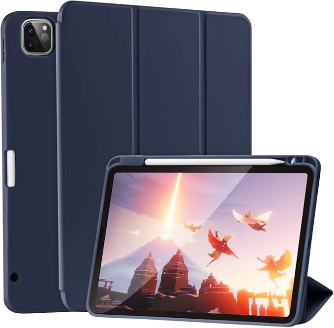 SIWENGDE Cases for iPad Pro 12.9 Case 6th/5th/4th Generation (2022/2021/2020) with Pencil Holder [Apple Pencil Wireless Charging] Soft TPU Smart Tri-fold Stand Protective Cover(Dark Blue)