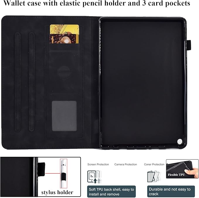 Folio Case for Amazon Kindle Fire HD 8/Fire HD 8 Plus (12th/10th Generation 2024/2022/2020) 8 with Stand/Pencil Holder [Auto Sleep/Wake] Embossed PU Leather Smart Cover Black Butterfly Flower