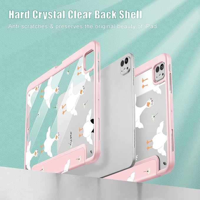 May Chen Case for iPad Pro 11-Inch M5/M4 2025/2024 (6th/5th Generation) [Penceil Holder] Trifold Stand Auto Wake/Sleep Clear TPU Protection Back Cover Goose Flower