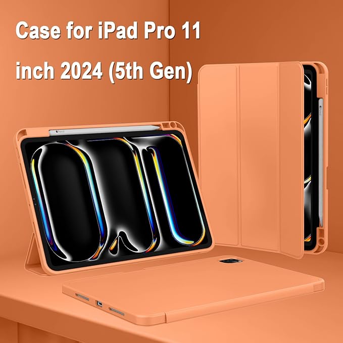 ZryXal iPad Pro 11 Inch Case (M5) 2025/ (M4) 2024 (Model: A2836/A2837/A3006) Trifold Stand Smart Cover with Pencil Holder and Soft TPU Back Auto Wake/Sleep (Orange)