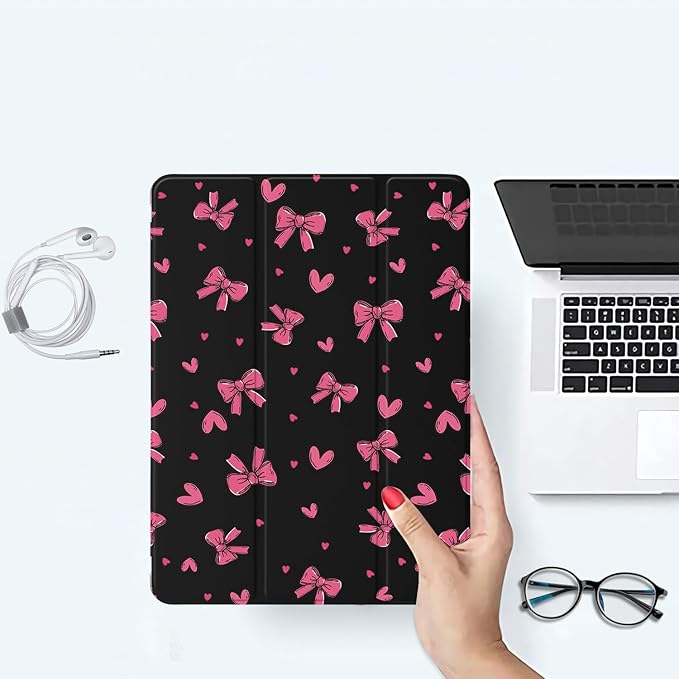 JOYLAND Cute Funny Bow Heart Pattern Case for iPad Air 11 Inch M3(2025) / M2(2024) iPad Air 5th(2022) / 4th (2020) Gen 10.9 Inch Pencil Holder &amp Clear Transparent Back &amp Trifold Smart White