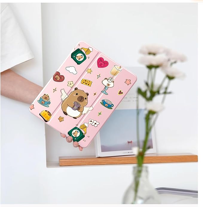 Cute Kawaii Capybara Coffee for iPad Air 11 Inch Case 7th/6th Generation (M3/M2) 2025/2024 with Pencil Holder Auto Sleep/Wake Pink Leather Clear Acrylic Back Cover
