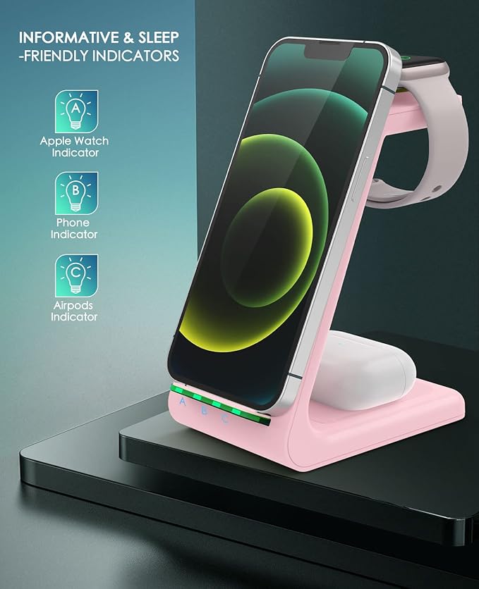3 in 1 Wireless Charging Station 2026 Upgraded Fast Desk Charger Station for iPhone 17 16 15 14 13 12 Pro Max Plus Charger Stand for Apple Watch 10 9 8 7 6 5 4 3 2 SE Airpods 4 3 2 Pro(Pink)