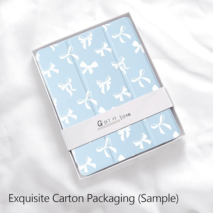 Cute Kawaii Bow for iPad mini 7 A17 Pro 2024/iPad Mini 6 Case with Pencil Holder Auto Sleep/Wake Blue Leather Soft TPU Back Cover
