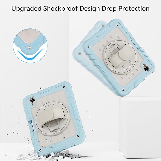 for iPad mini 7 A17 Pro/iPad mini 6 8.3 Inch Case iPad mini 7th/6th Generation Case (2024/2021) with Pencil Holder/Kickstand Hand Strap/Shoulder StrapBlue+White