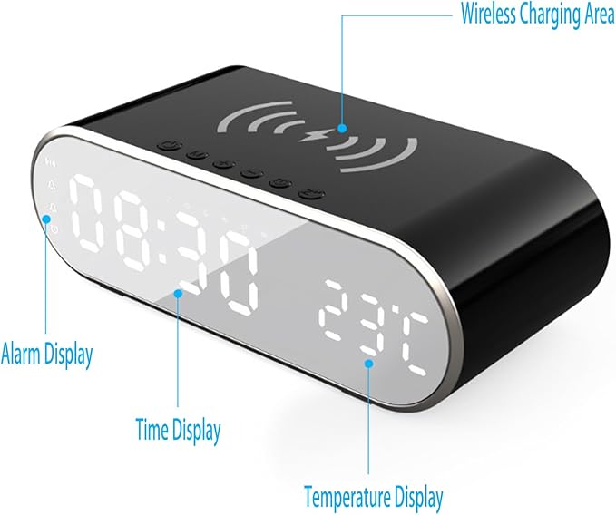 15W Fast Wireless Charging Pad Compatible with Qi-Enabled Phones 5W/7.5W/10W Standard Charging Modes Temperature Display &amp Alarm Clock for Bedside Desk W628 White.