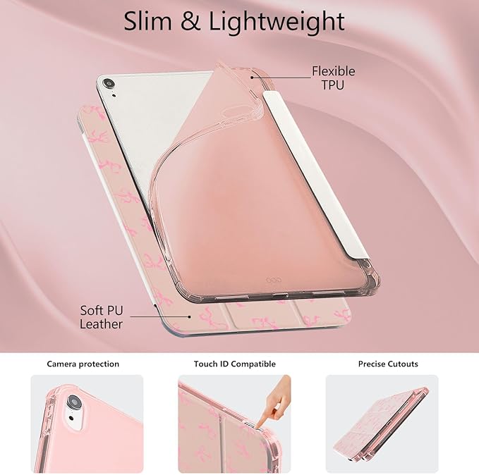 MAYCARI Pink Cute Bow Pattern Case for Ipad Pro 12.9 Inch 5Th/6Th Generation Aesthetic Girl Bowknot Leather Cover Auto Sleep/Wake TPU Back Case for Ipad with Pencil Holder (2022/2021/2020)