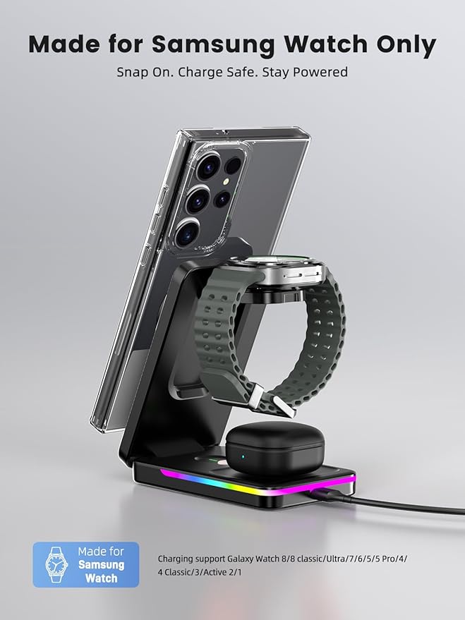 Wireless Charger for Samsung 3 in 1 Charging Station for Samsung - Magnetic Android Charging Station for Galaxy S26 Ultra/Z Fold/Flip &amp Buds4 Pro - Nightstand Organizer &amp Bedside Charger for