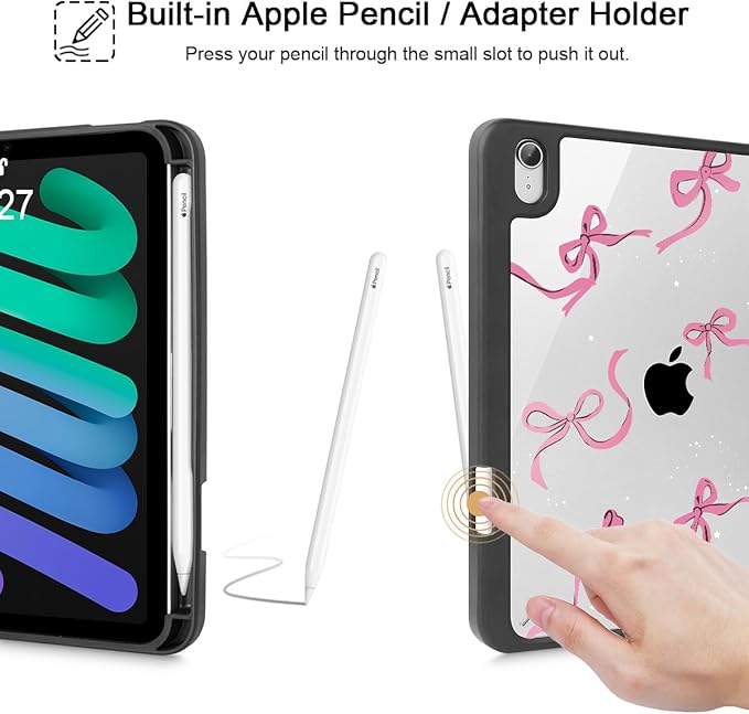 May Chen Slim Case for iPad mini 7 (A17 Pro 7th Generation) 2024 / iPad mini 6 (6th Gen) 8.3 Inch [Built-in Pencil Holder] Shockproof Cover Clear Clear Back Shell Auto Wake/Sleep Black Stars Bow