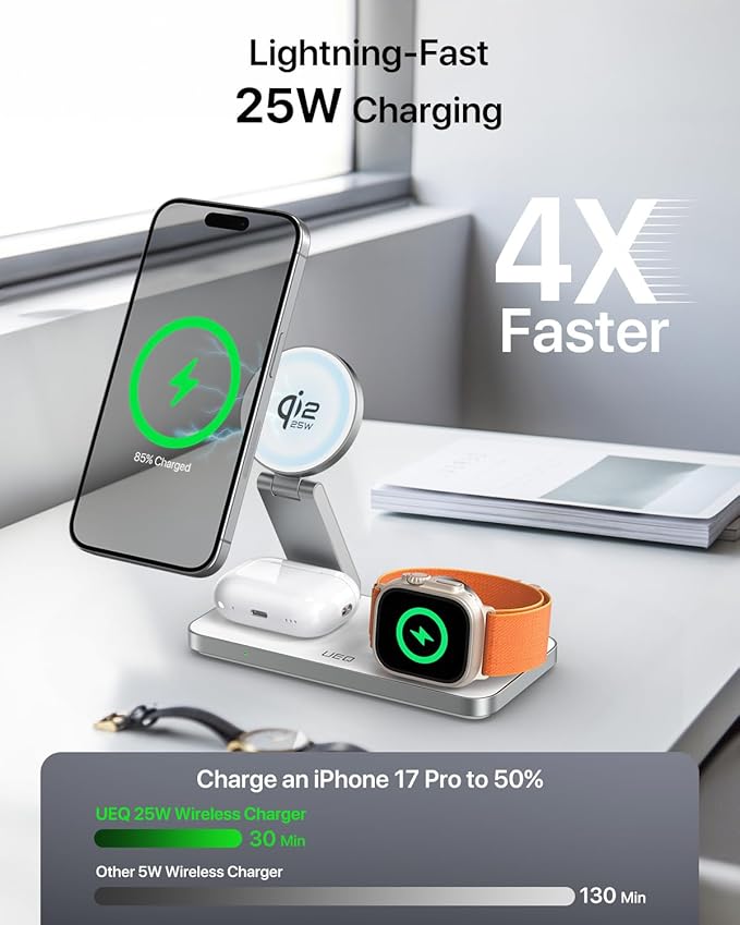 3-in-1 Charging Station for Apple DevicesQI2.2 25W Ultra-Fast Magnetic Wireless Charger StandCompatible with MagSafeFoldable Travel Charger for iPhone Air/17/16/15/14/13/12Apple WatchAirPods
