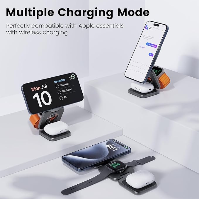 KU XIU X55 Plus 3 in 1 Charging Station for Apple Devices Magnetic Foldable Wireless Charger 15W Fast Charging Pad for iPhone 17/16/15/14/13/12 for Apple Watch for AirPods 4/3/2/Pro - Gray