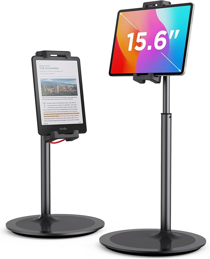 SAIJI Tablet Stand Holder Extra-Height Adjustable Kindle Stand 360 Degree Rotating iPad Holder Aluminum Alloy Cradle Mount Dock for 4.7-15.6 iPhone Samsung Tablets Portable Monitor (Black)